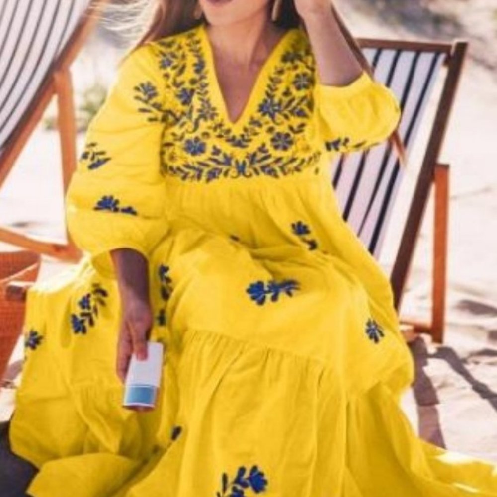 Embroidered MuuMuu Boho Maxi Dress Yellow Cotton Prairie Skirt